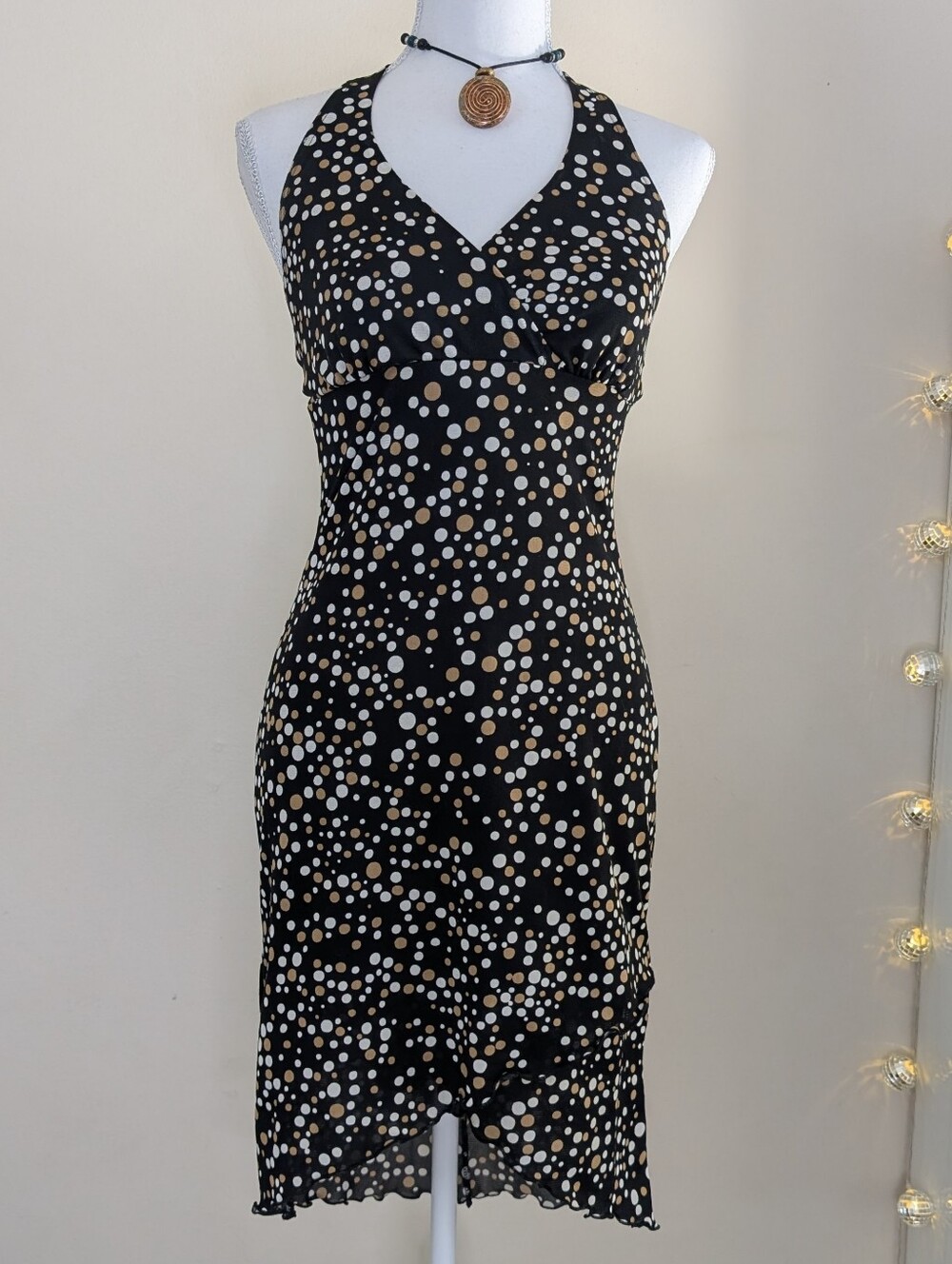 Vtg Y2K Black Halter Polka Dot Midi Dress in Cream and White - Picture 1 of 7
